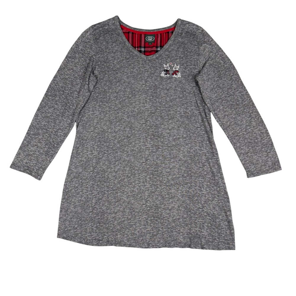 Laura Ashley Gray Scottie Dog Embroidered Tunic Top Large Long Sleeve V-Neck